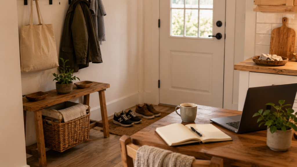 Small everyday task cues like shoes by the door and an open notebook, showing how reducing friction makes tasks easier to start.